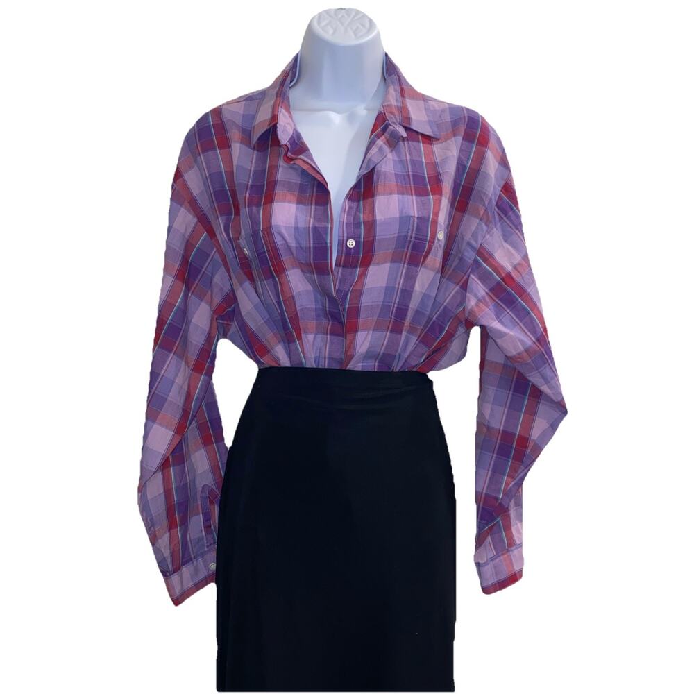 Pichet And Post Womans Pluse Size XL Top Button Blouse Plaid Purple Long Sleeve
